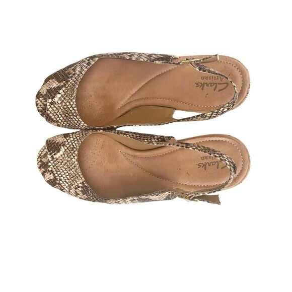Clarks Artisan Peeptoe Slingback Cork Wedge Snakeskin Sandal Women's Size 9 - Picture 3 of 11